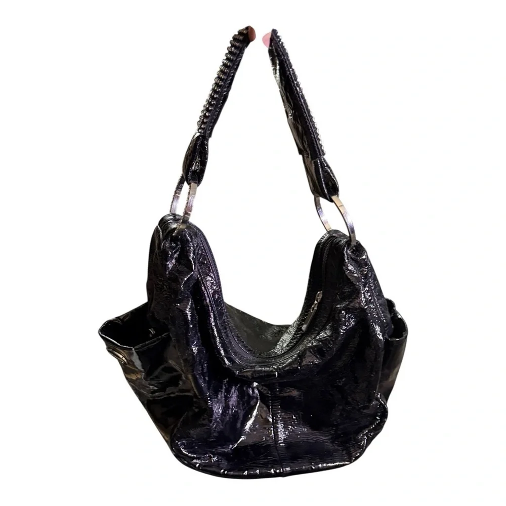 DXtouch Black Patent Leather Shoulder Bag Rhinestone Strap Y2K Glam Hobo Bag